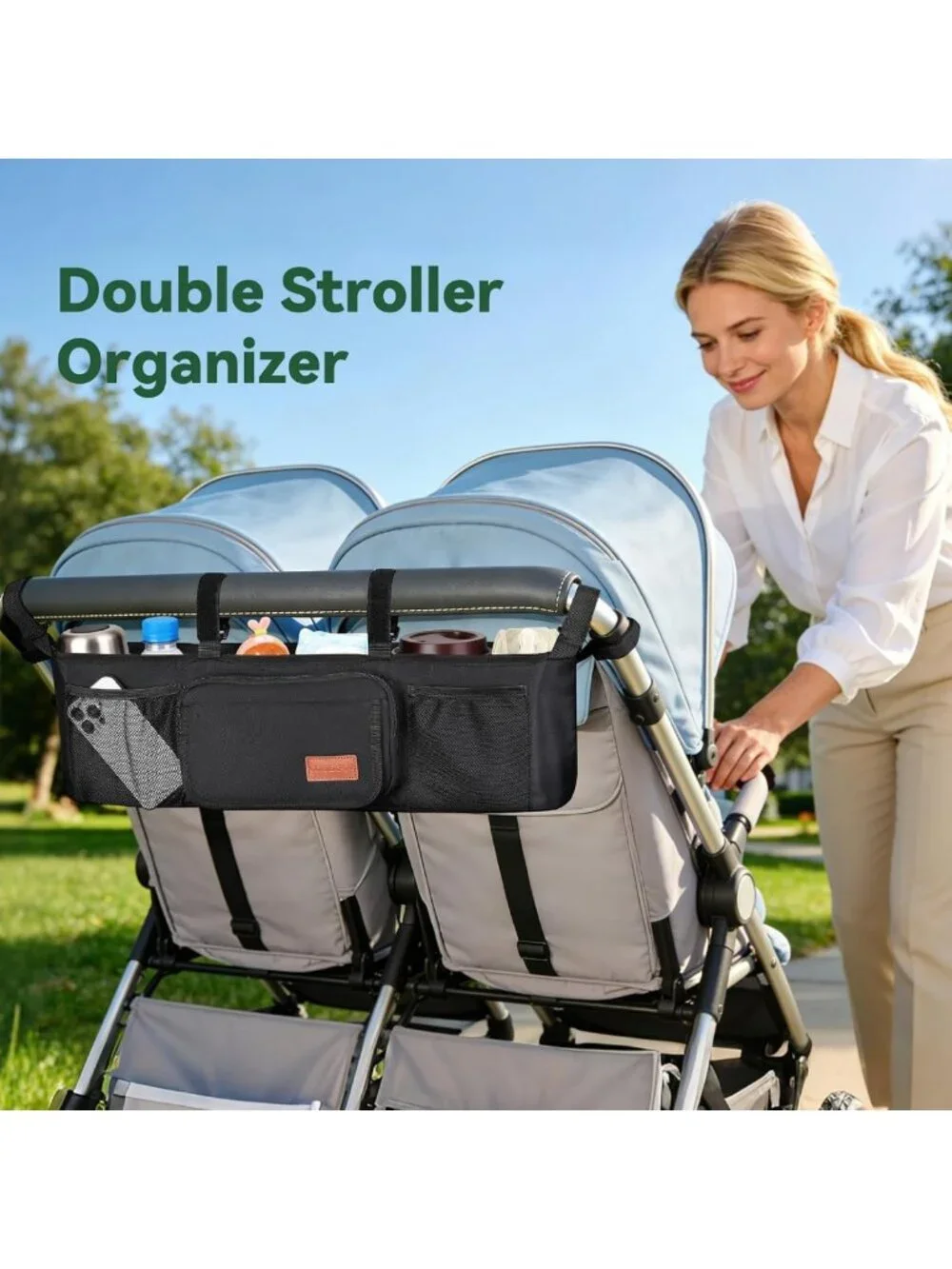 Double Stroller Organizer Caddy with Cup Holder | Side by Side Double Stroller